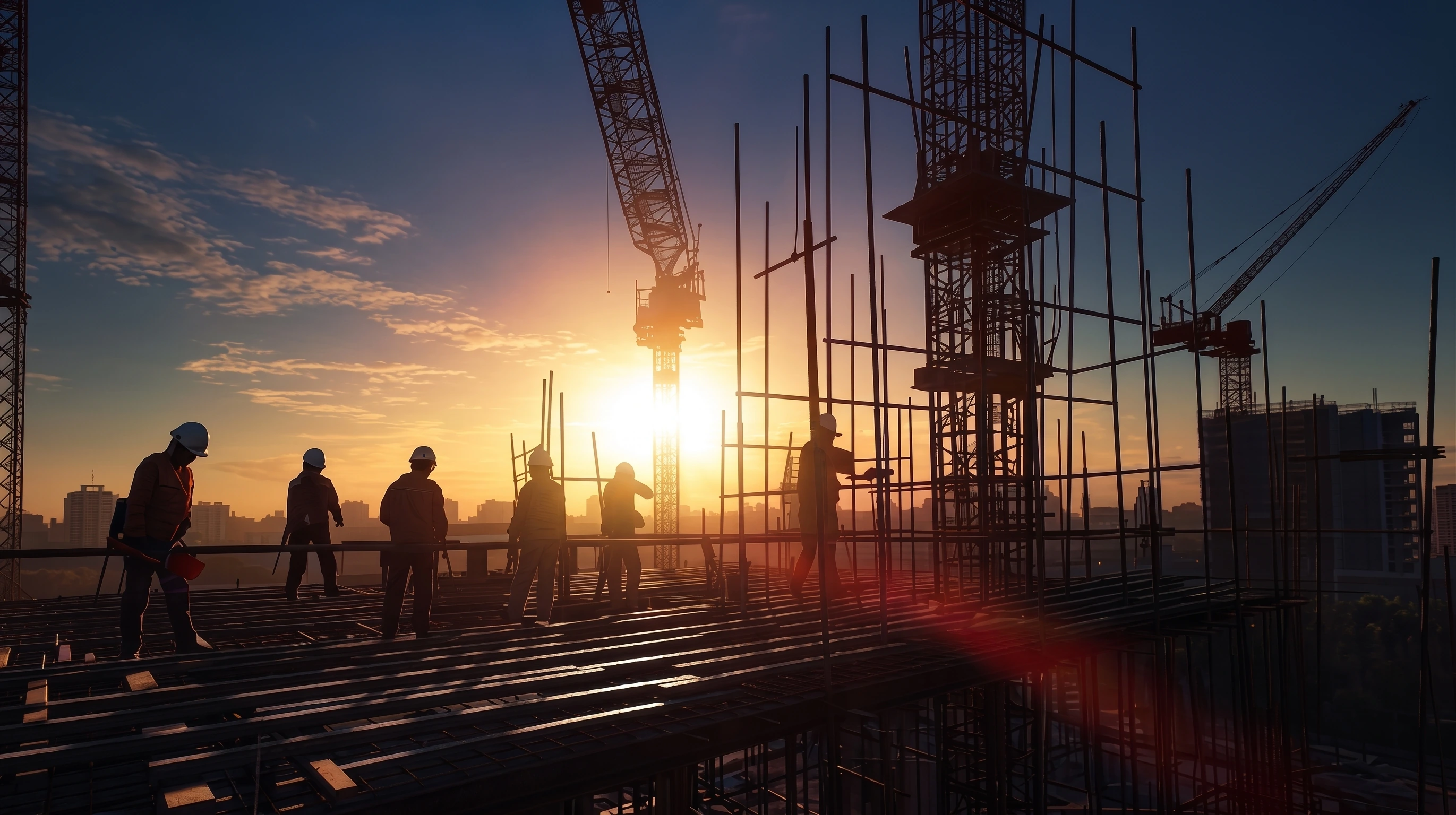 Construction team and cranes at a building site at sunset