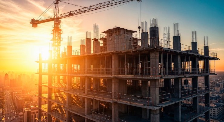 Concrete building under construction in the warm evening sun